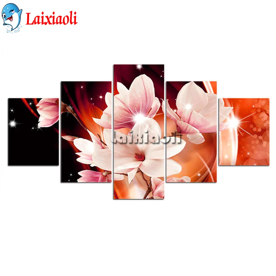 Pink magnolia flower Diamond Painting Cross Stitch Mosaic Picture Of Rhinestone Embroidery crystal Beaded Handicraft 5 pcs sets