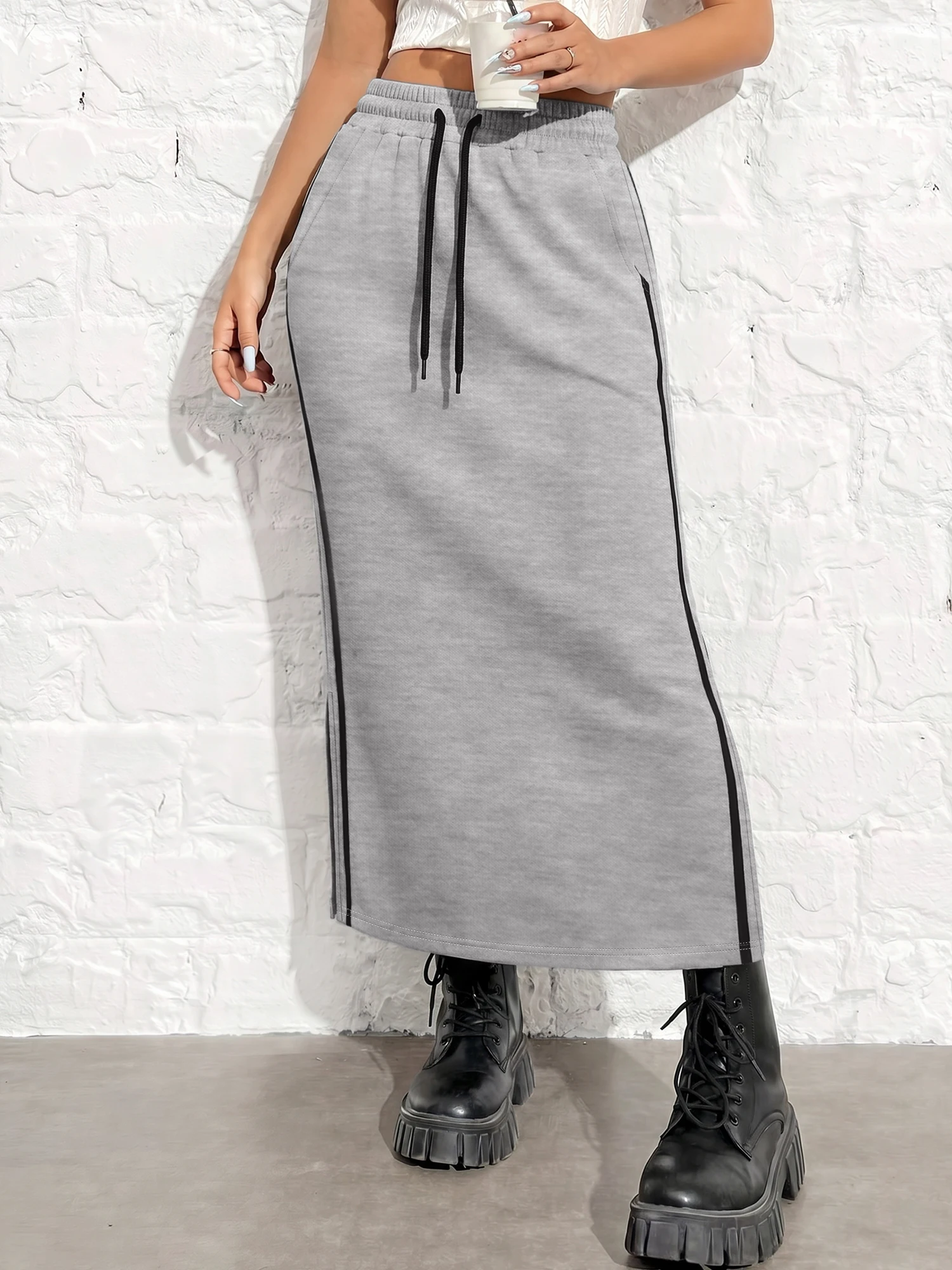 Airy Jersey Midi Skirt, Side Stripe Accent, Light Fitness Activity & Daily Casual Matching Look