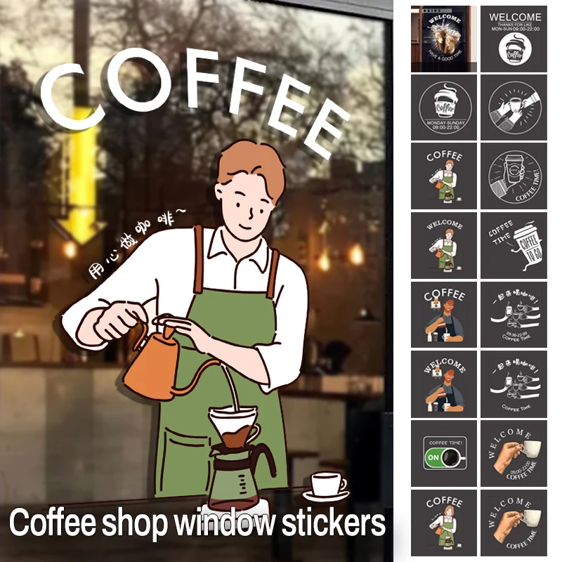 Coffee Cafe Mug Wall Decals Coffee Shop Window Films Static Cling Restaurant Kitchen Milk Tea Cold Drinks Glass Door Stickers