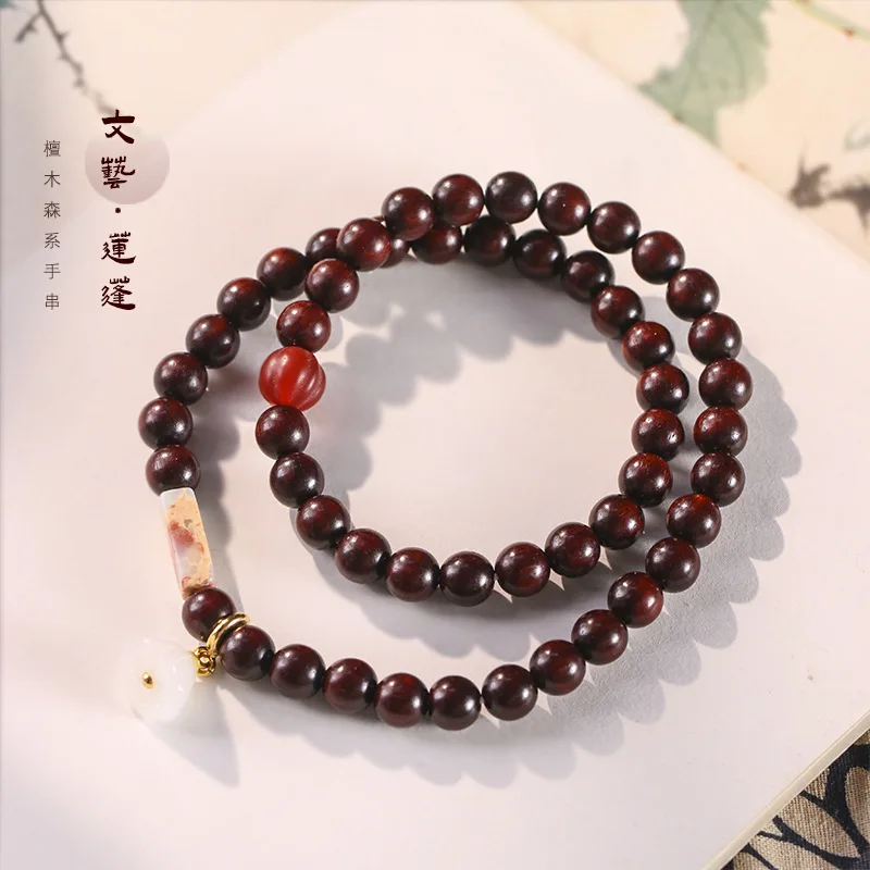 Chinese Wind Natural Sandalwood  Hand-woven Creative Mori Retro Jade Lotus Canopy Double Circle Bracelet Women's Simple Jewelry