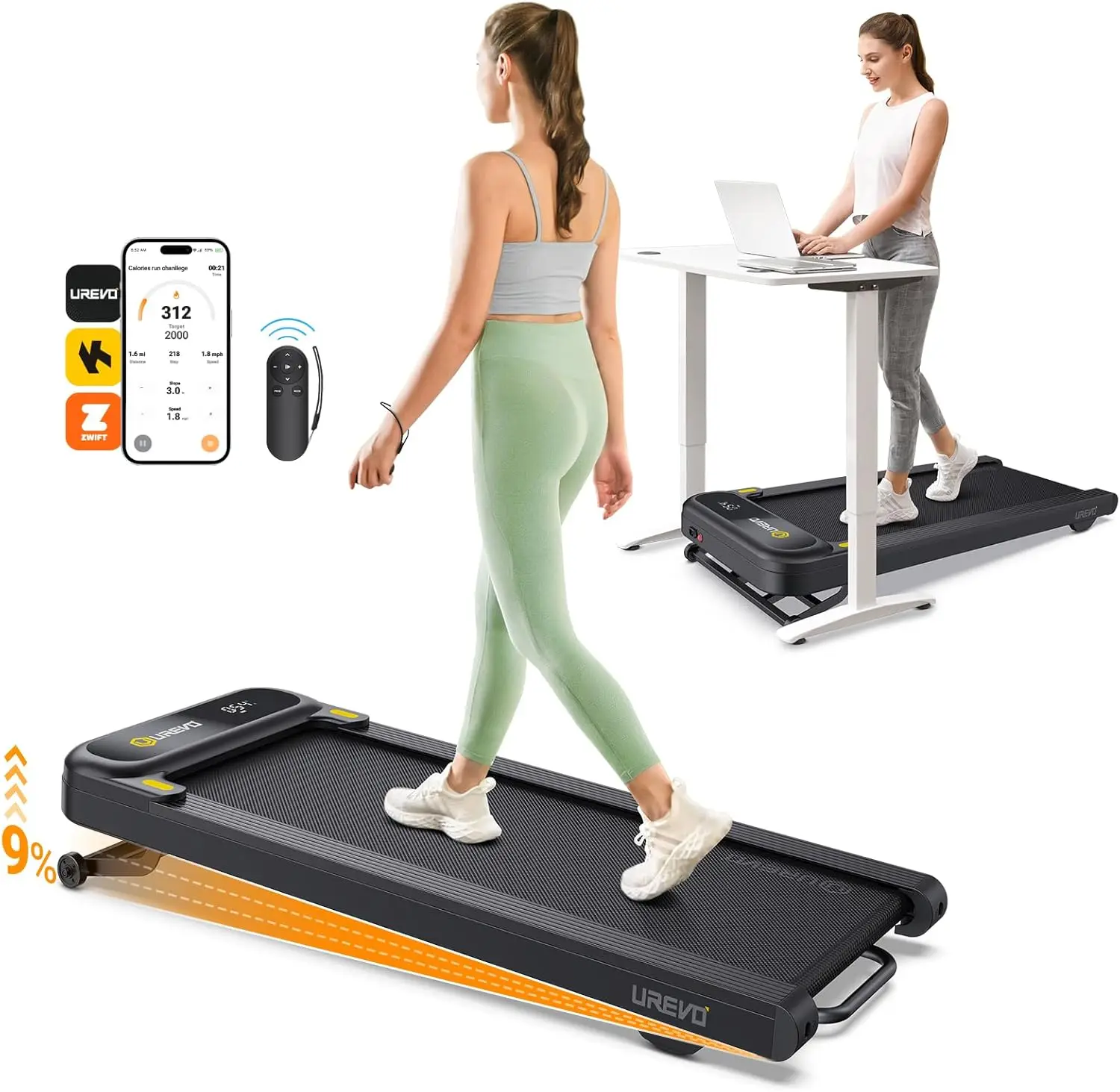 

Walking Pad Treadmill with Auto Incline, Under Desk Treadmill, Treadmills for Home Office, with 9 Level Incline, APP