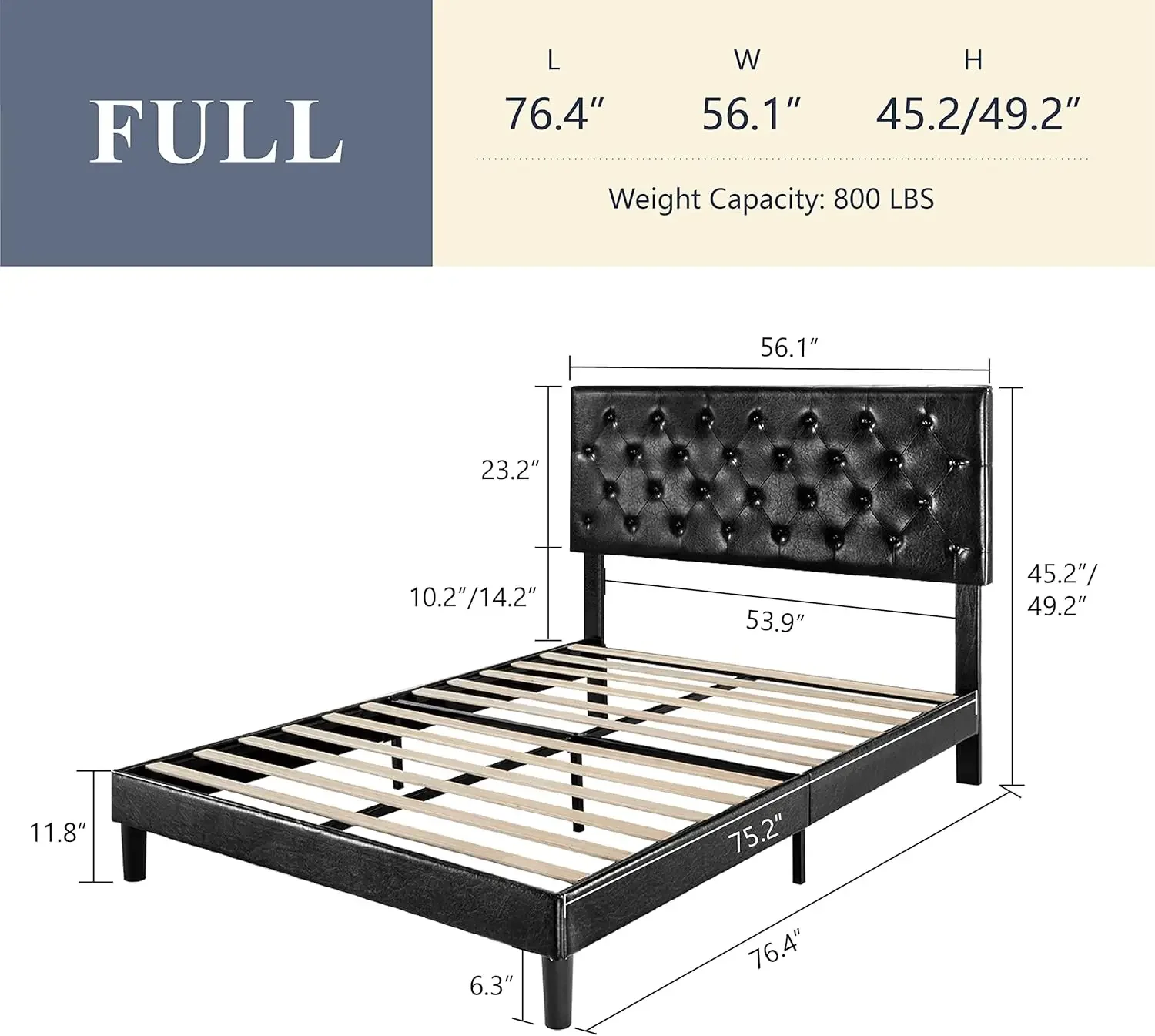 إطار سرير بمنصة كاملة الحجم من Allewie، لوح رأسي من الجلد الصناعي قابل للتعديل مع غرزة ماسية وزر معنقدة