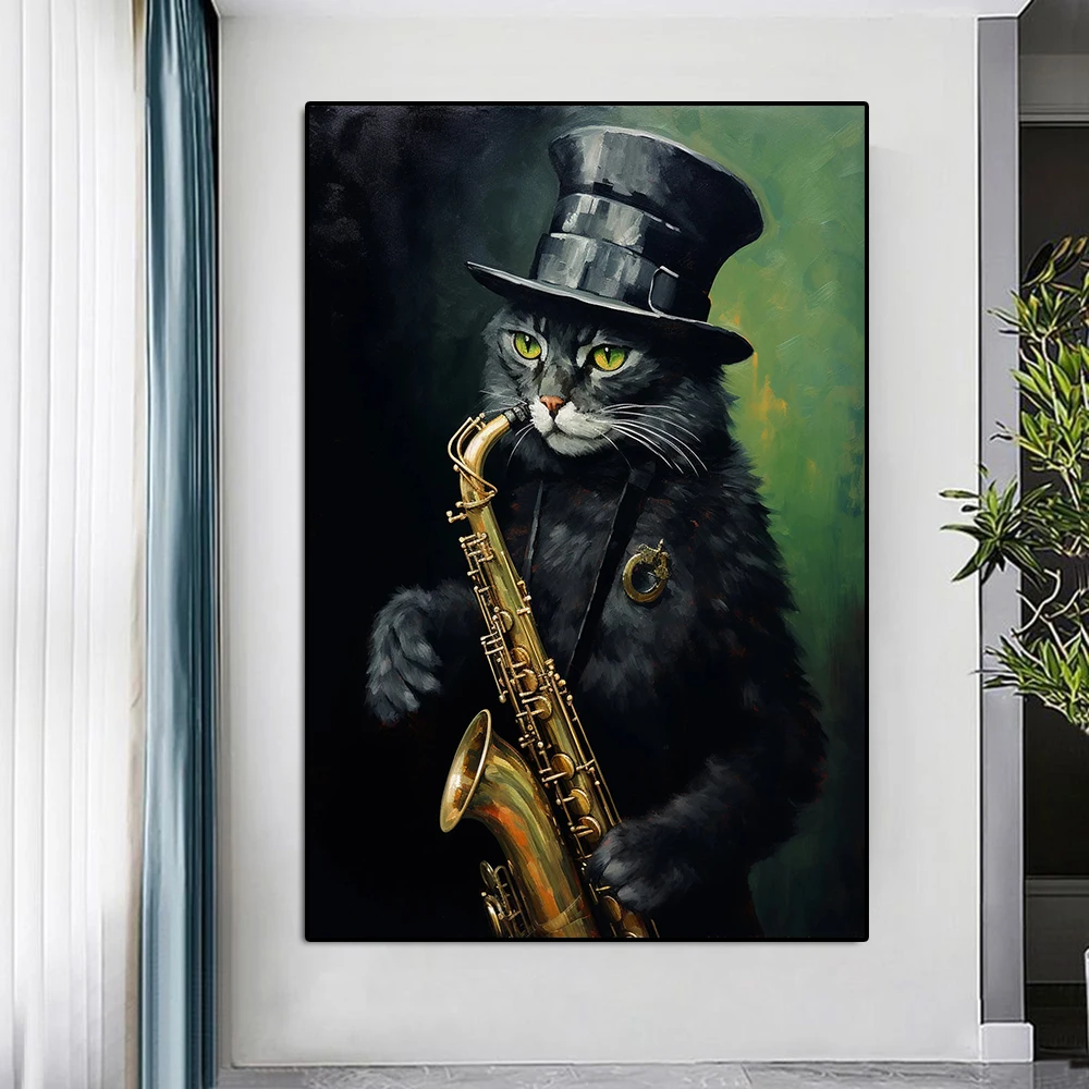 1pc frameless Canvas Painting Classic Cat Playing Saxophone Canvas Painting Funny Animal Poster And Print Nursery Wall Art Mural