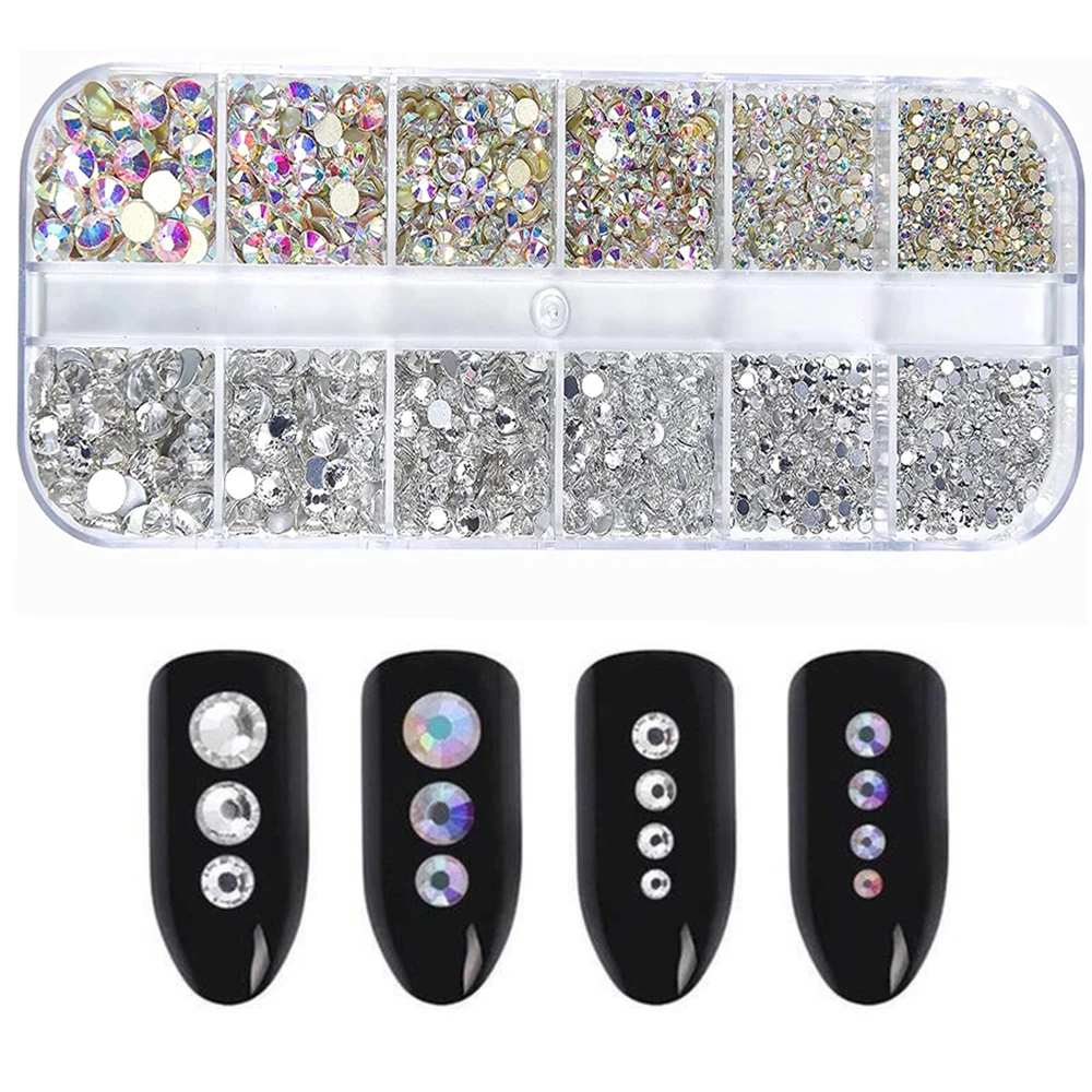 Nail Art Rhinestones Kit 2400pcs Nail Gems Ab Flatback Rhinestones Gems Stones with Storage Organizer for Design Bright Holiday