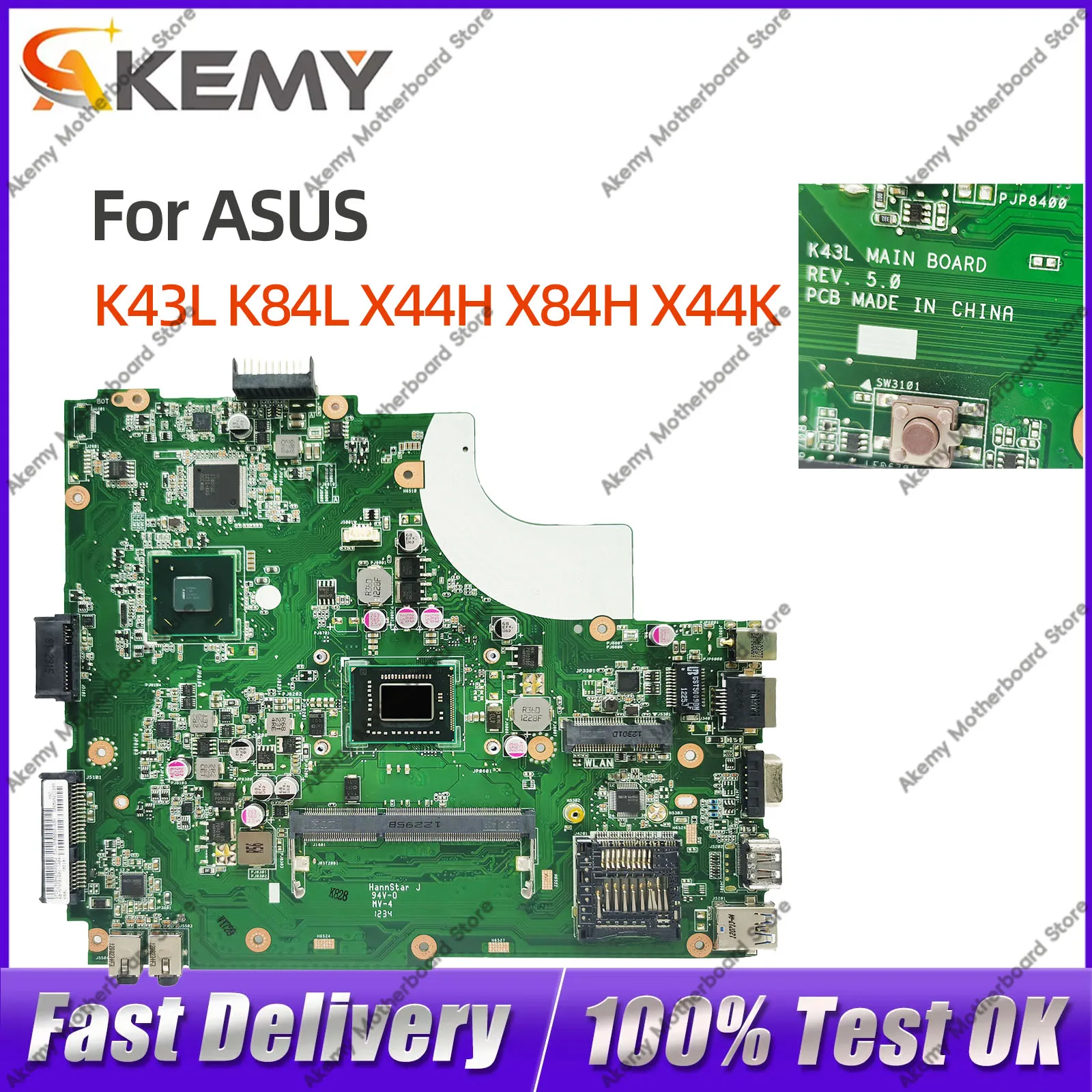 For ASUS K43L K84L X44H X84H X44K Notebook Mainboard I3-2330M UMA 100% Test work
