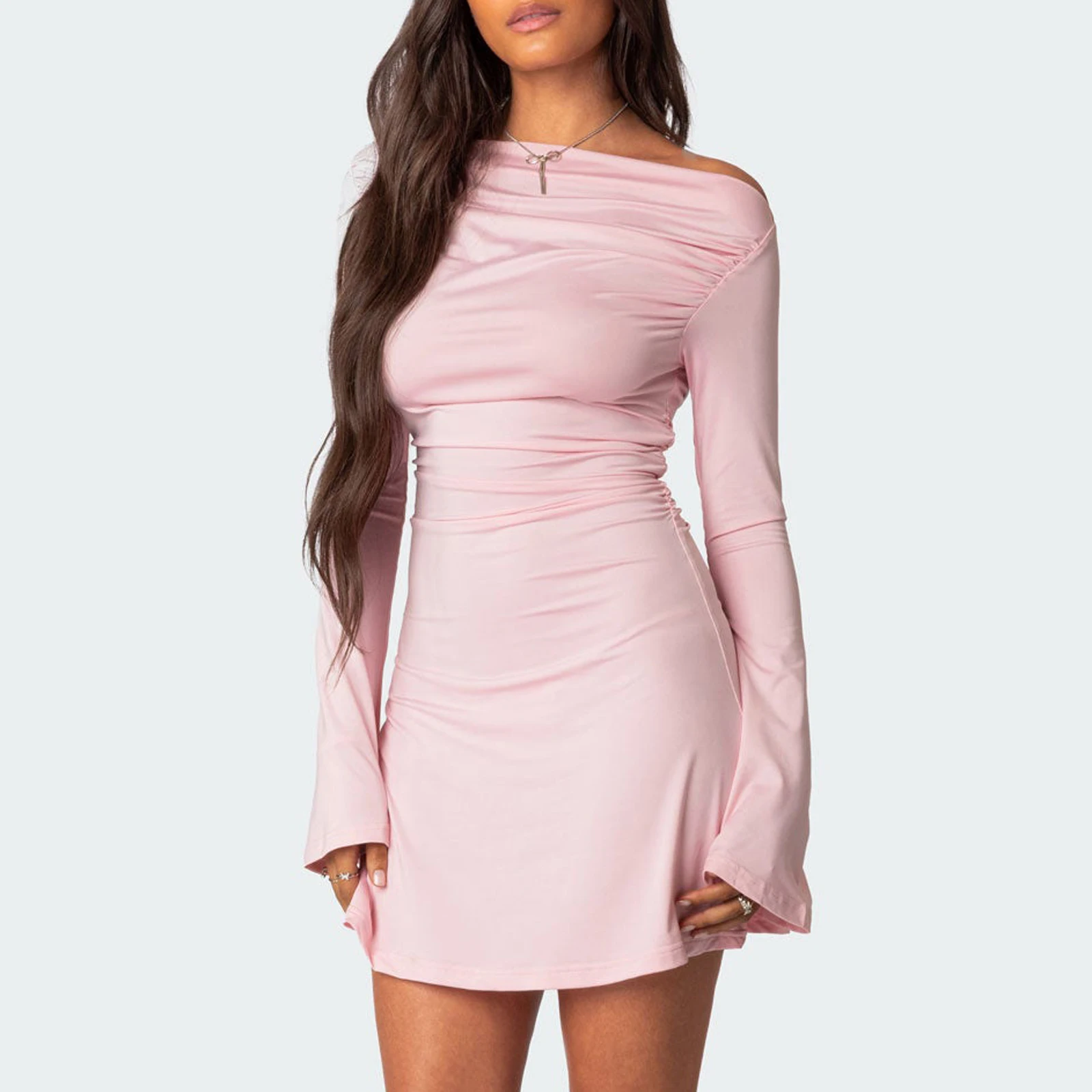 Women's Off Shoulder Ruched Mini Dress Fashion Long Sleeve Slash Neck Slim Fit Dress Elegant Club Party Dating