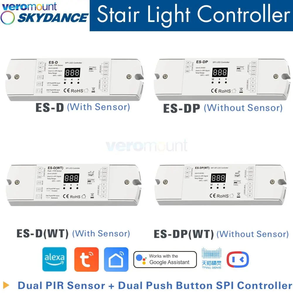 Skydance ES-D ES-DP(WT) Tuya WiFi Dual PIR Sensor + Dual Push Button Stair Light Controller for DC5-24V RGB/White Pixel Strips