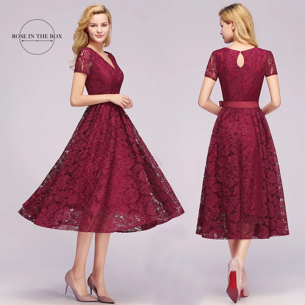 Women's Vintage Floral Lace Short Sleeve V-Neck Mother of The Bride Dresses A Line Tea Length Burgundy Formal Evening Party Gown