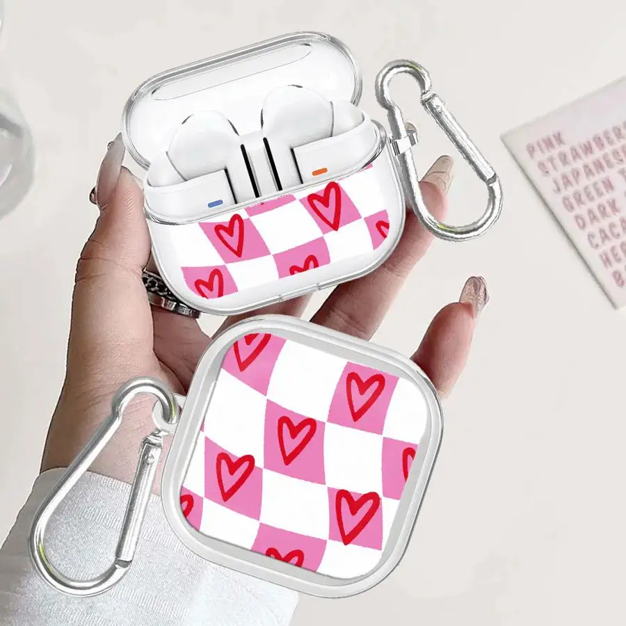 Heart Shaped Chessboard Pink Clear Earphone Cases Cover With Hook Case For Samsung Galaxy Buds 4Pro 2 4 Pro 2Pro 3 FE Live 3Pro