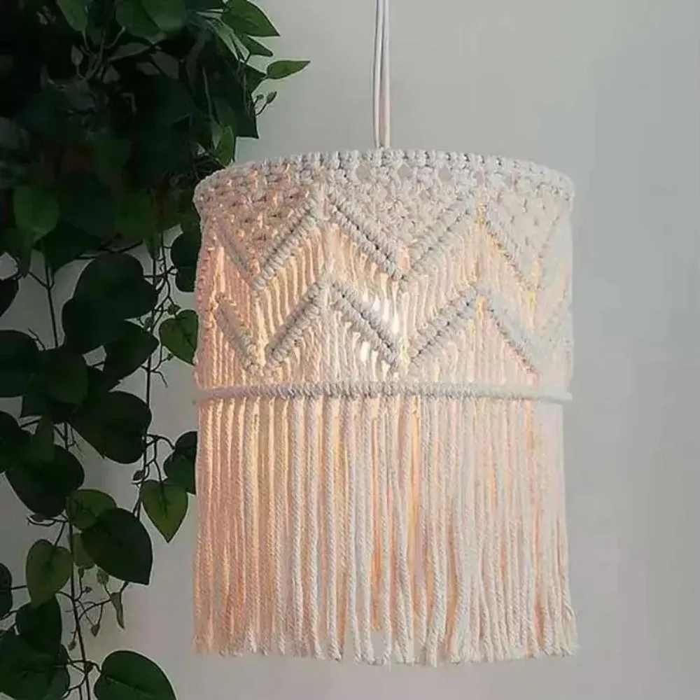 Handwoven Cotton Macrame Lampshade Tassel Detail Cotton Rope Woven Tapestry Lampshade Handcrafted Design Woven Texture