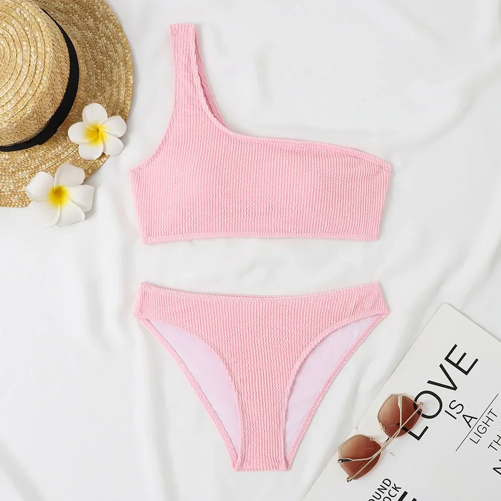 Bikini con Tanga Sexy para mujer, traje de baño de dos piezas, traje de baño femenino, conjunto de Bikinis blancos, bañador de un hombro, ropa de playa, traje de baño 2025