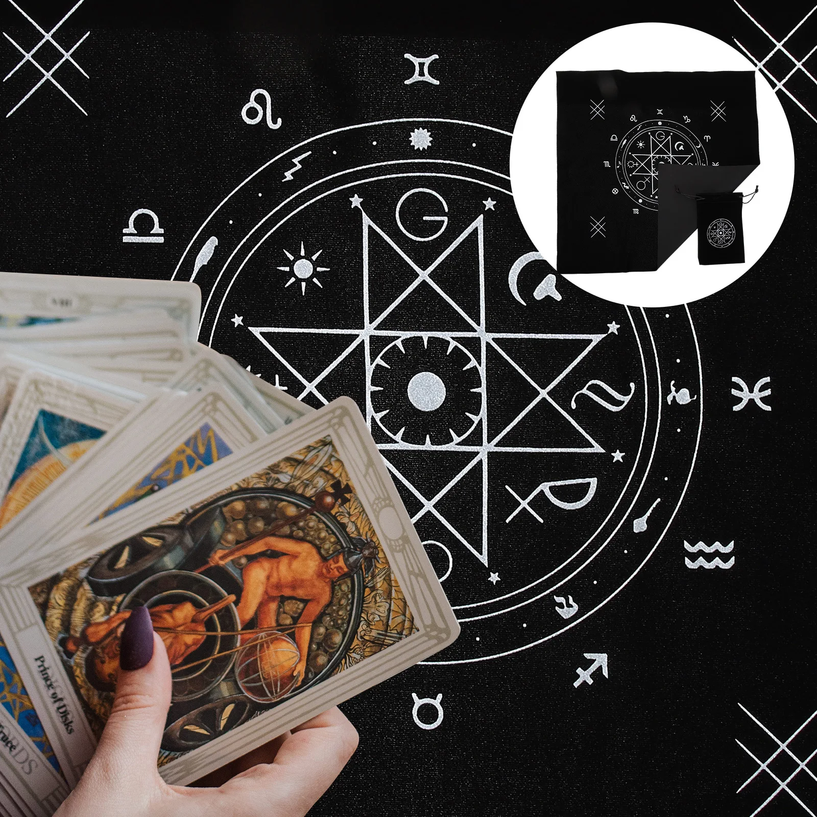 

1 set Tarot Table Cloth Drawstring Bag Set Vintage Altar Tarot Tablecloth For Card Storage Jewelry Pouches Divination Supplies