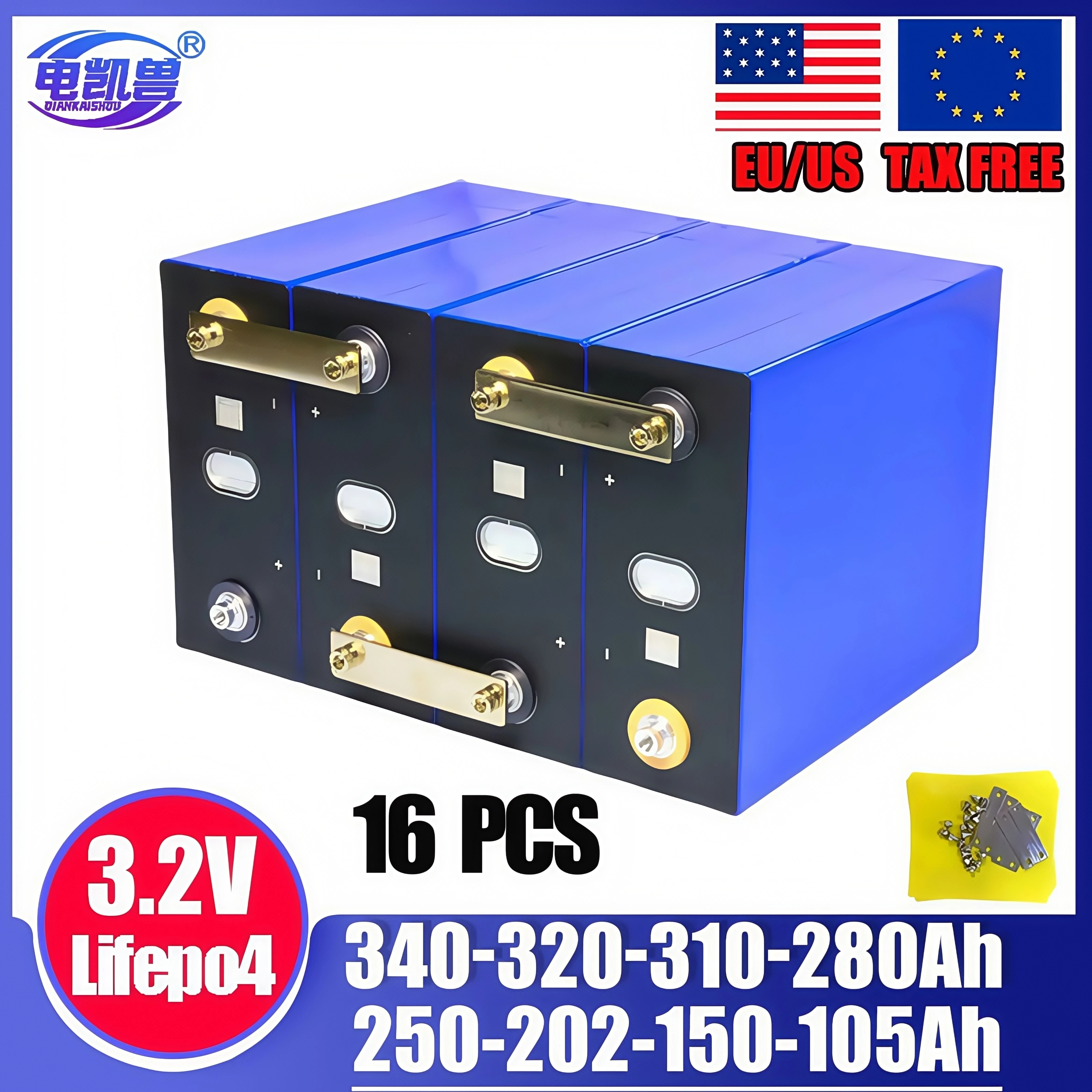 

LiFePo4 Battery 3.2V 340AH 105AH 150AH 202AH 250AH 280AH 310AH 320AH Lithium Iron Phosphatefor 48V 24V 12V RV Golf Camping Ca