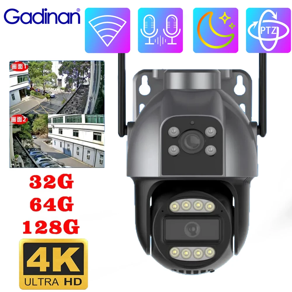 Gadinan 4K 8MP Wifi Camera Dual Lens Outdoor Wireless Security Protection AI Human Detect Auto Tracking PTZ Street Surveillance