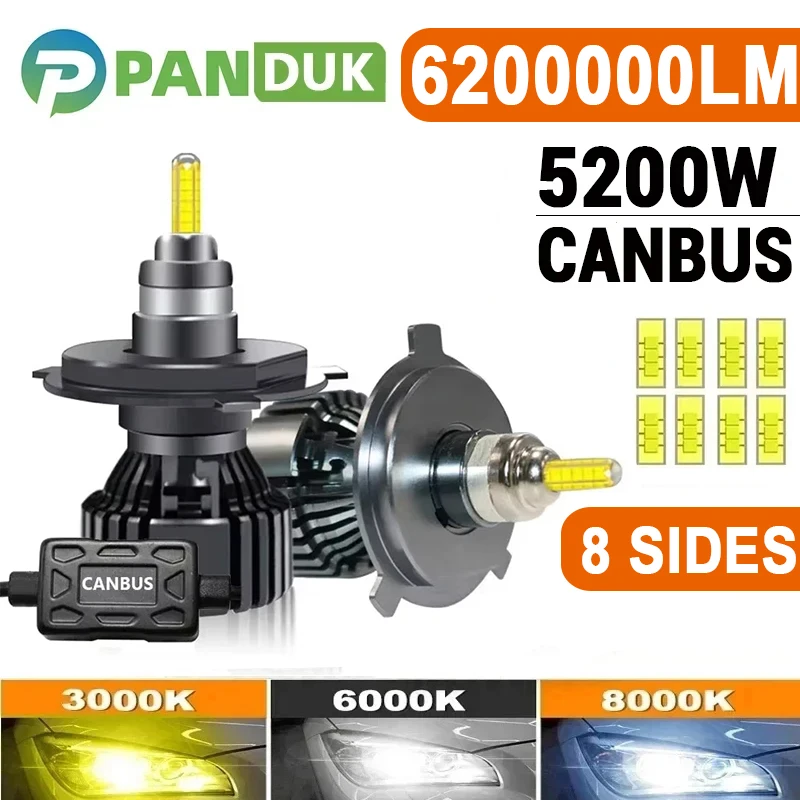

PANDUK H7 LED 6200000LM 5200W 360 H4 H1 H3 8 Side HB3 HB4 9012 Led H8 H9 H11 9005 9006 Car Headlight Bulbs Auto Fog Lamps 6000K