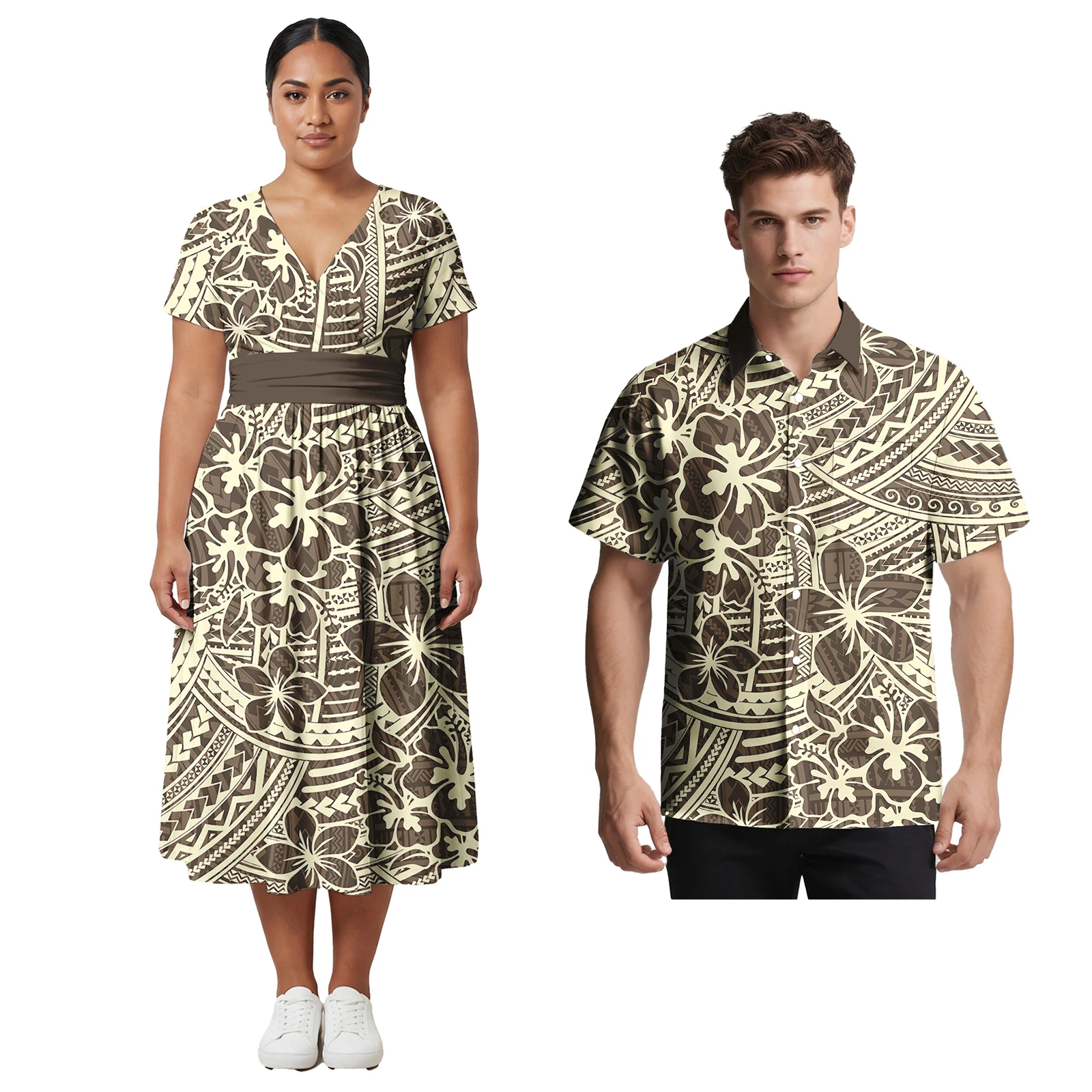 

Hot Selling Plus Size Couple of Set Cross V-neck Aloha Dress for Ladies Samoan Men Shirt Polynesian His-and-Hers Custom Clothes