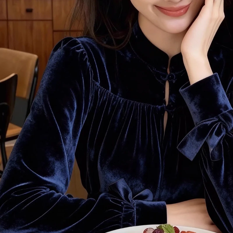 Spring Fall Women Stand Collar Vintage Plated Loose Navy Bow Velvet Top T Shirt , Woman Autumn Chinese Tyle Velour Tops Shirts