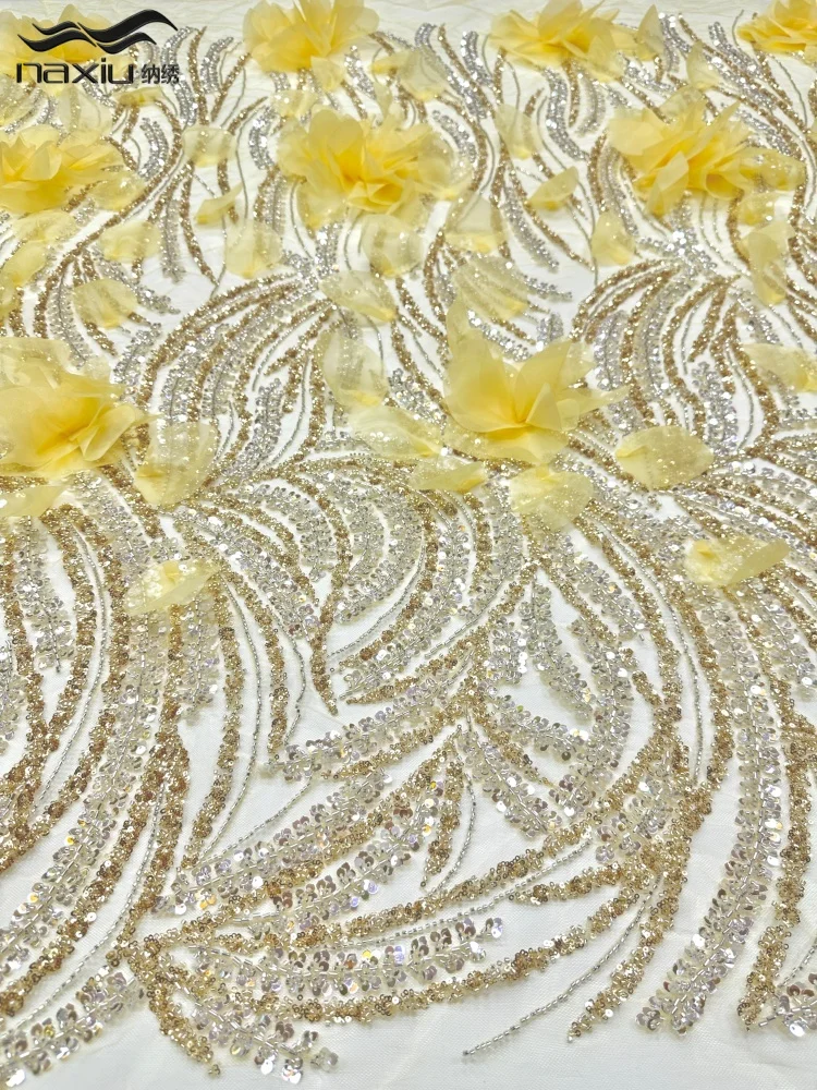 Madison 3D Flower African Sequins Beaded Lace Fabric High Quality French Tulle Lace Fabric 2026 Evening Party Wedding Dress