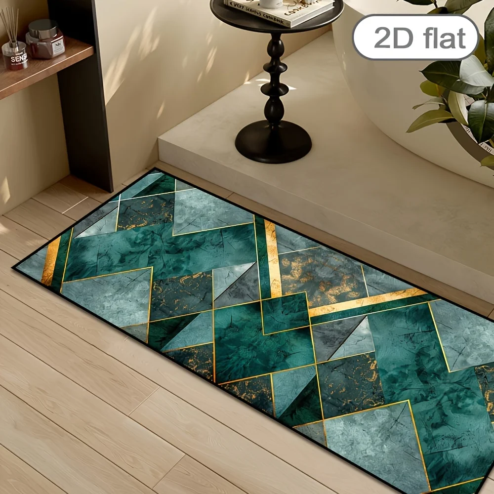Luxury Emerald Marble Geometric Pattern Floor Runner Mat Gold Foil Art Decor Rug for Corridor and Contemporary Home Interior
