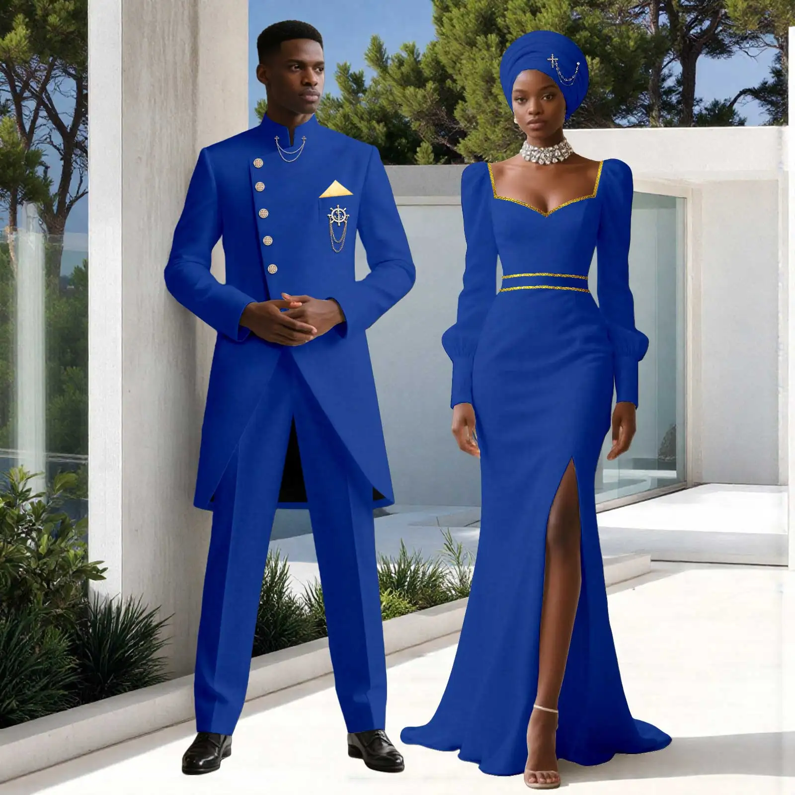 

DBQ African Couple Wedding Attire Men's Single Breasted Blazer Suit And Women's Side Slit Maxi Trumpet Dress BDC055
