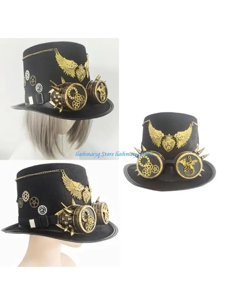 573B Winged Heart Top Hat Gothic Styles Goggles Hat With Metallic Gear Decors For Music Festival and Halloween Gathering