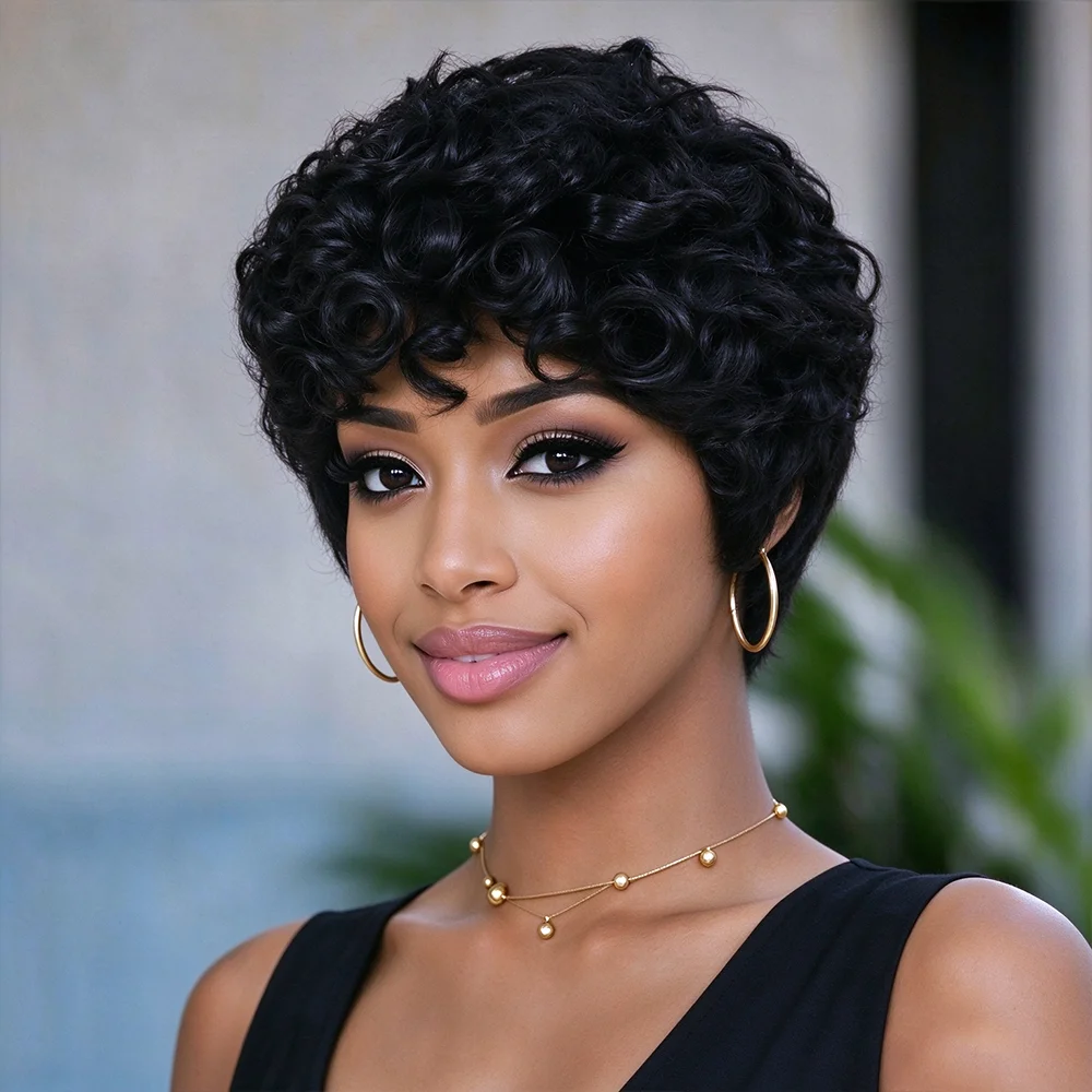 Short Curly Pixie Cut Human Hair Wig Natual Black Full Machine Made Human Hair Short Pixie Bob Cut Human Hair Wigs Short Wig