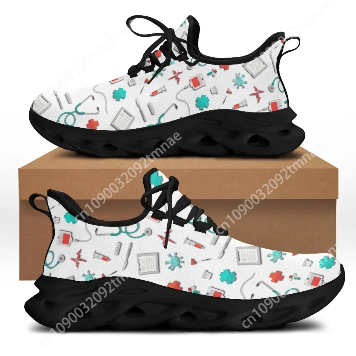 Custom Wholesale Women Jogging Shoes White Nursing Shoes Cute Cartoon Nurse Doctor Medical Print Light Lace-up Flats Leisure