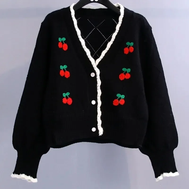 2023 Winter New Knitted Cardigans Women Korean Button Up V Neck Cherry Sweaters Woman Sweet Patchwork Short Cardigan Tops RFEW