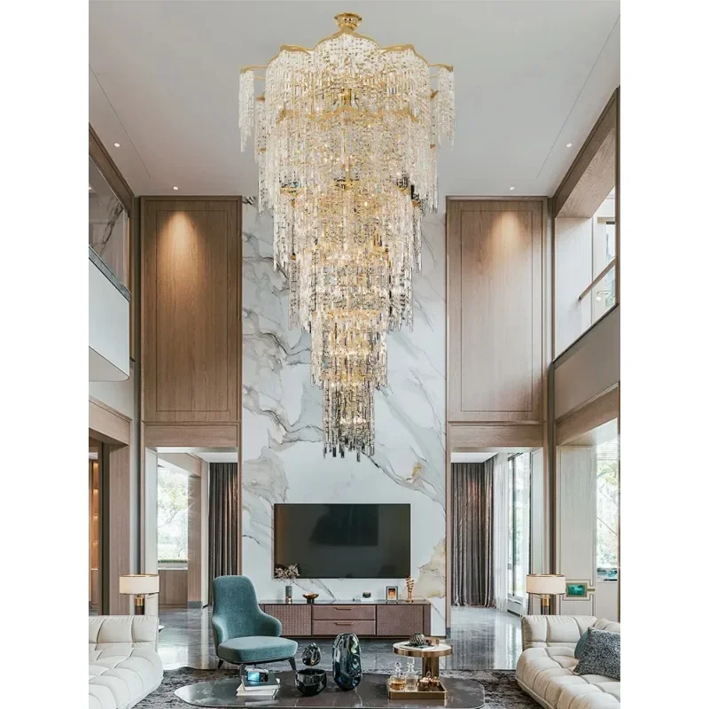 Luxury Shining Crystal Long Chandelier for Staircase High Ceiling Villa Hall Stylish Hollow Chandelier for Duplex Living Room