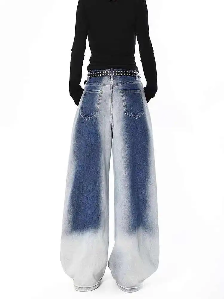 Women Black Gothic Baggy Y2k Jeans Vintage Harajuku Gradient Jean Pants Japanese 2000s Oversize Boyfriend Denim Trousers Autumn