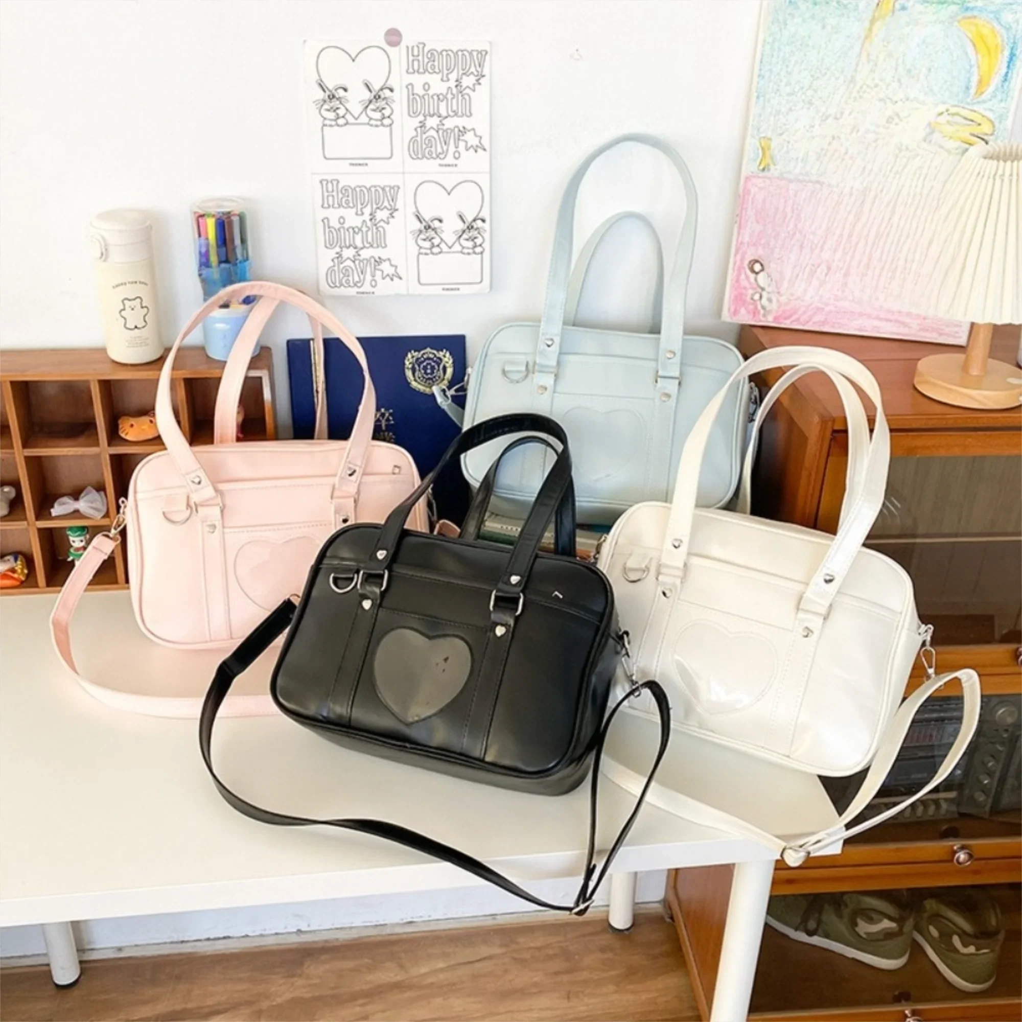 

Casual Adjustable Strap JK Shoulder Bag Lolita Transparent Pocket Commuting Bag Love Heart College Style Satchels Bag Girl