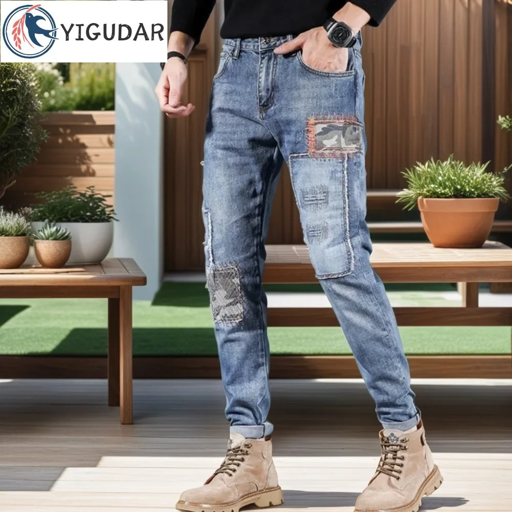 

2024 Blue Men Jeans Slim Fit Casual Denim Pantalones Jeans Hole Patchwork Trousers Skinny Stitching Pencil Jean Pants