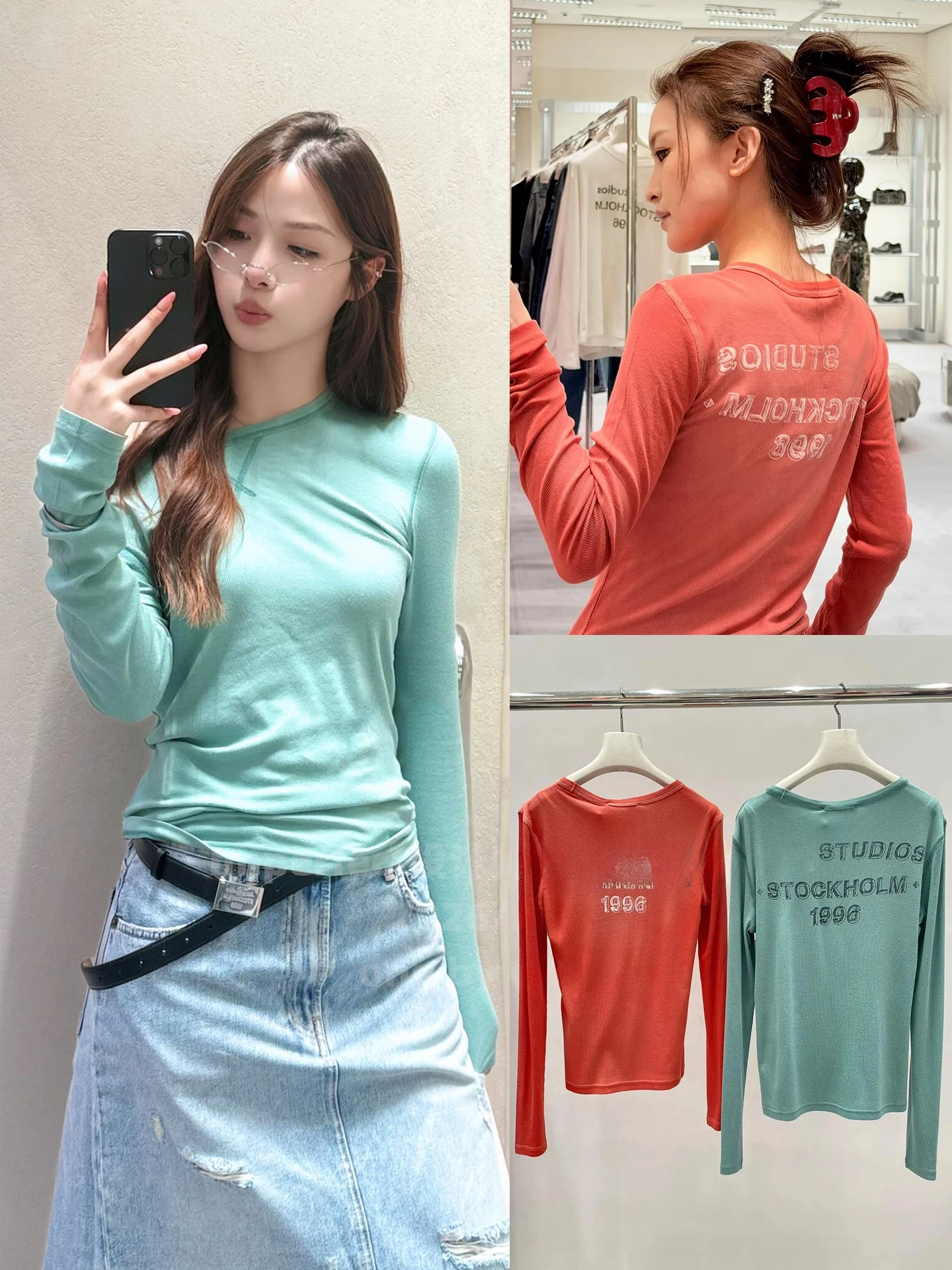 

Women's Slim Fit Long Sleeve T-Shirt Vintage Stain Printed Casual Style Cotton round Neck Regular Length Spring Fashion