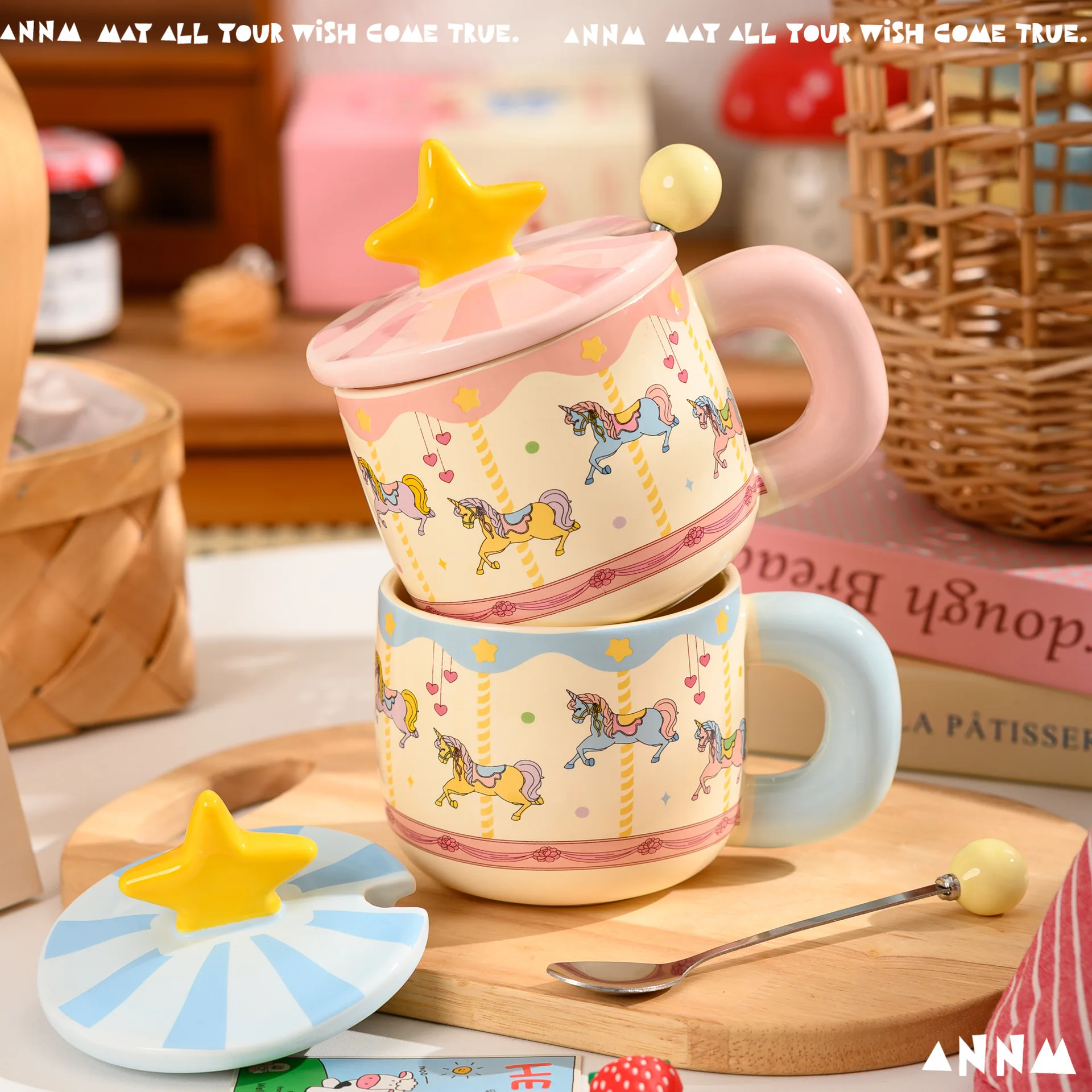 Cute Carousel Themed Ceramic With Lid And Spoon Stylish Mug For Girls Perfect As Birthday Or Party Favor Comes In A Gift Box