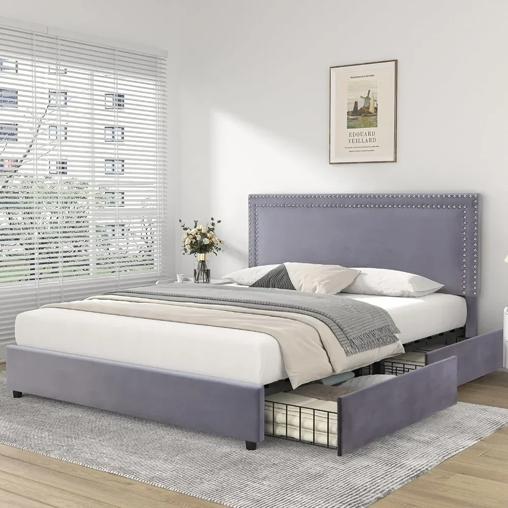 

Postmodern Queen Size Upholstered Platform Bed Frame With 4 Storage Drawers, Adjustable Velvet Rivets Headboard