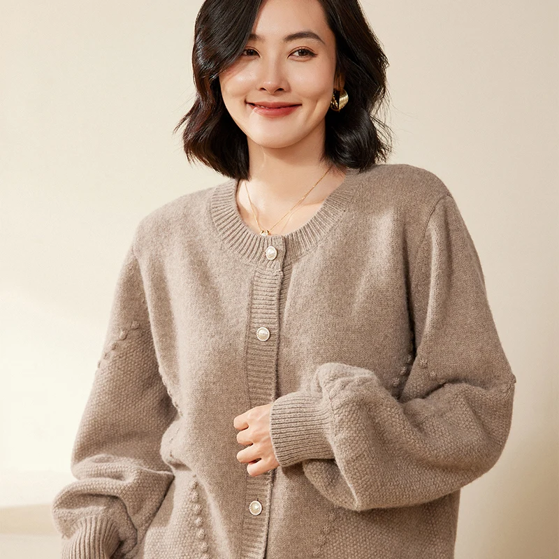 Women's 100% Merino Wool Long Sleeve Cardigan Sweater O Neck Bubble Sleeve Cable Bobble Stitch Knit Soft Autumn Winter Knitwear