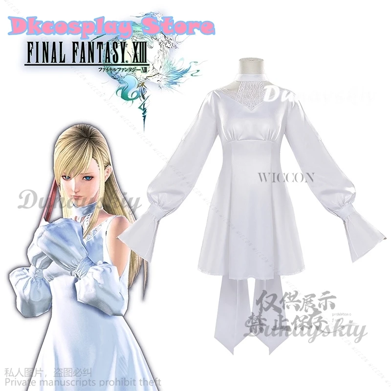 Anime Game FF14 Ryne Lolita Minfilia Cosplay Costume White Cute Lace Dress Roleplay Wig Long Straight Hair Women Christmas Party