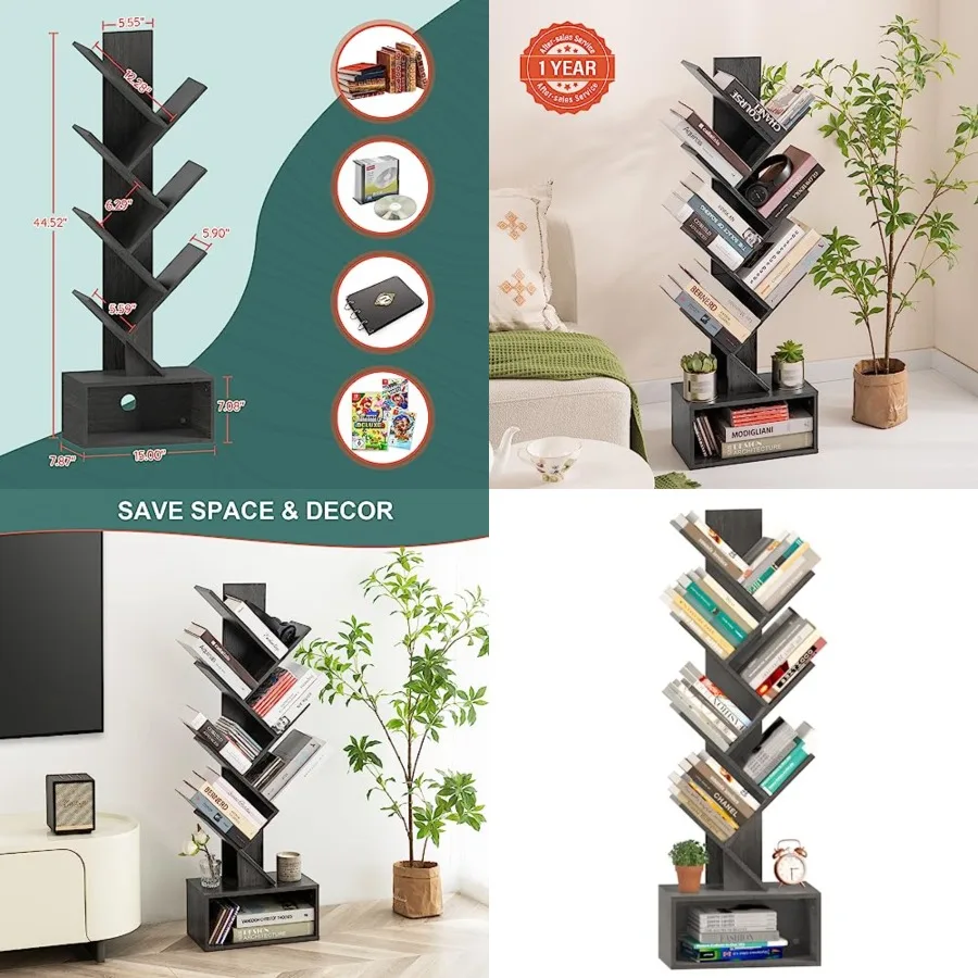 

Tree Bookshelf - 6 Shelf Retro Floor Standing Bookcase, Tall Wood Book Storage Rack for CDs/Movies, Utility Book Organizer Shel