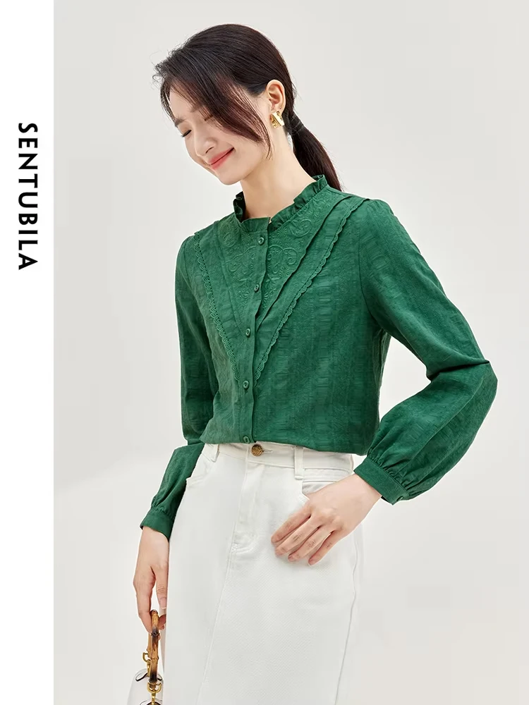 SENTUBILA Knitted Chiffon Blouse For Woman Long Sleeve 2024 Autumn Elegant Cotton Shirts Women Casual Button Shirts 133C50544