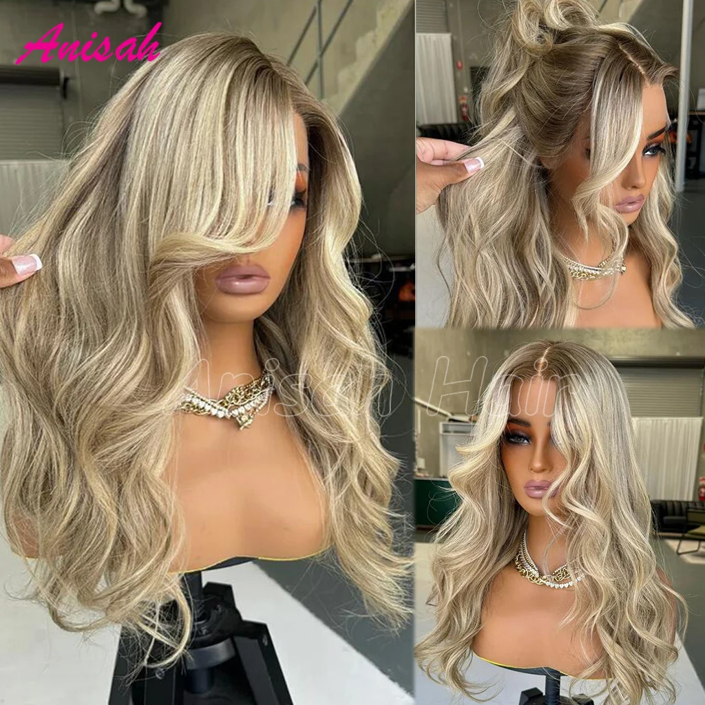 

Platinum Ash Blonde Highlight Lace Front Wig Human Hair Dark Roots Virgin Brazilian Preplucked Transparent Swiss Lace Wig