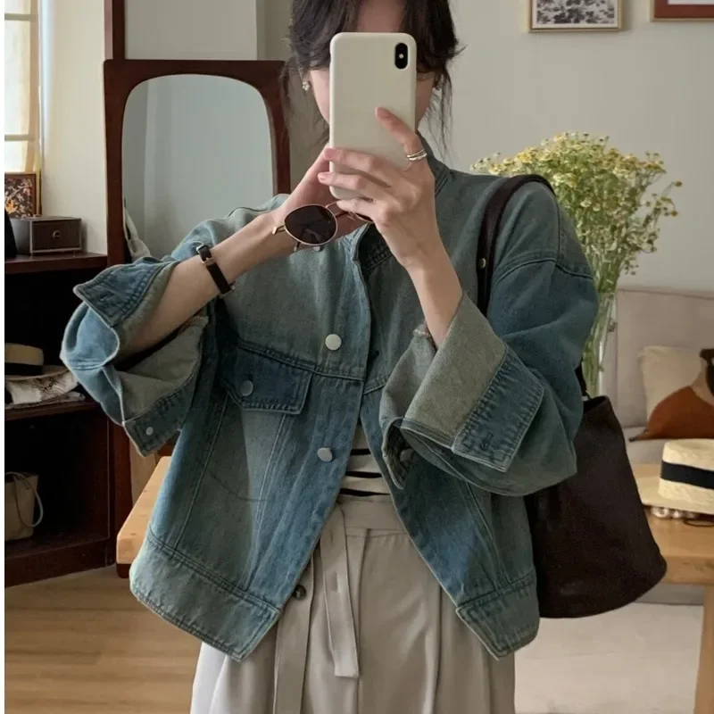 Cropped Denim Jackets Women Vintage Hipster Japanese Style Stylish Office Lady Slouchy Loose Streetwear Daily All-match Outwear