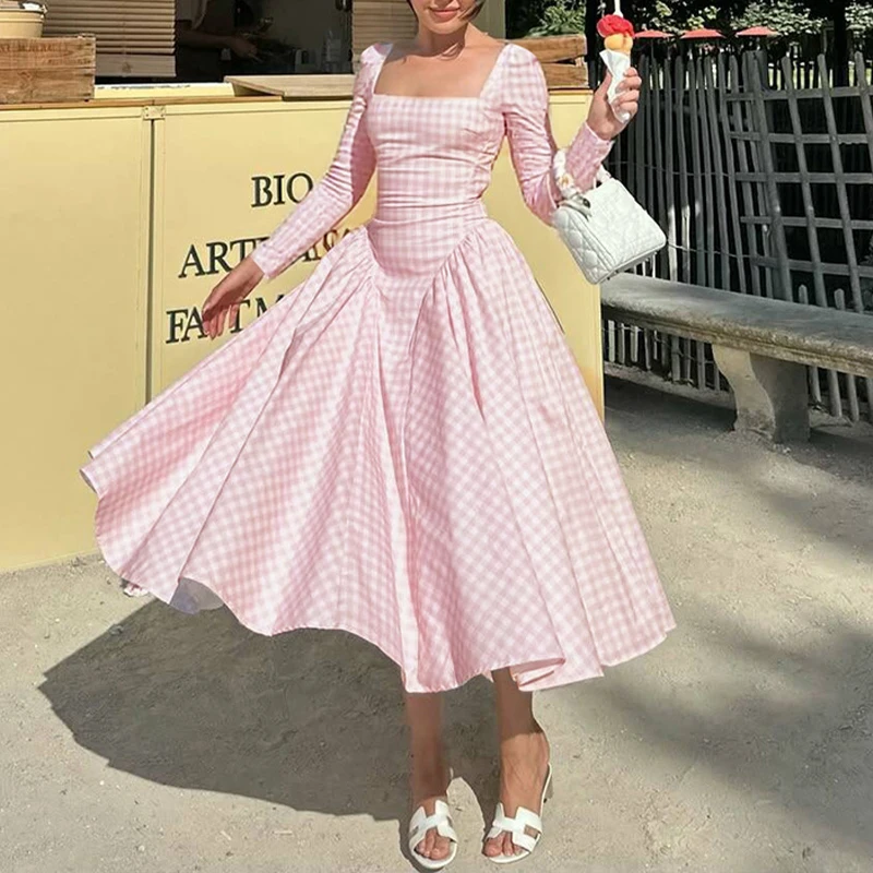 

BKLD 2025 модные элегантные праздничные стильные женские французские милые клетчатые платья с длинными рукавами и U-образным воротником, плиссированные макси-платья с высокой талией