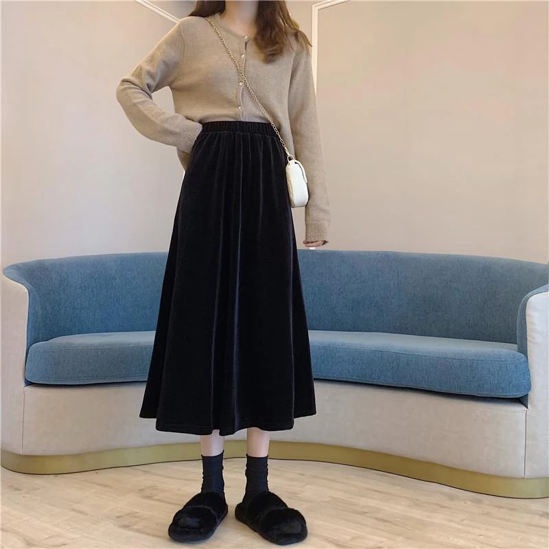 Rimocy Elegant Velvet Long Skirt for Women 2024 Vintage A Line High Waist Midi Skirt Female Solid Color Autumn Winter Skirts