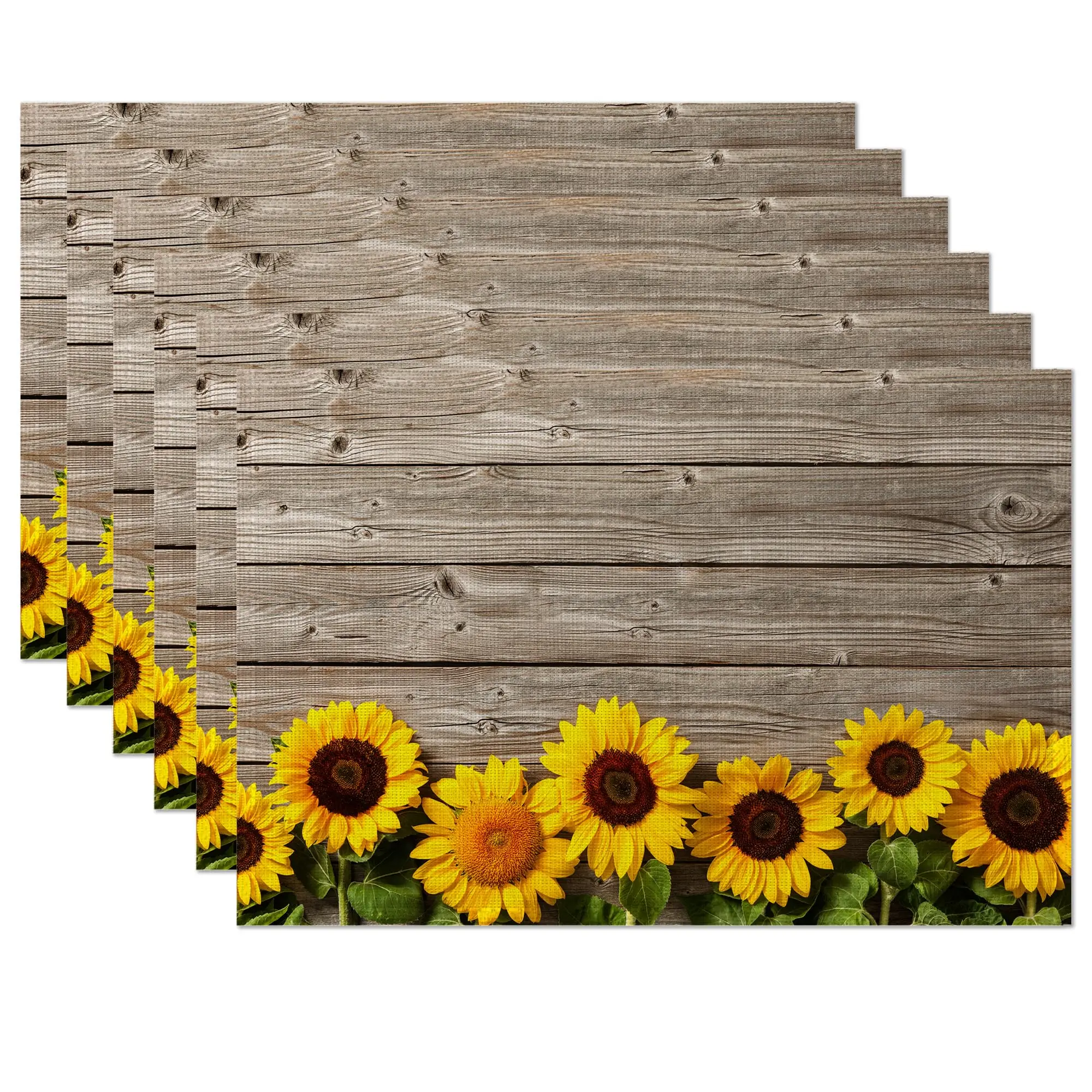 

Sunflower Wood Grain Placemats Set of 6,12x18 Inch Stain Resistant Linen Table Placemats Summer Seasonal Kitchen Party Decor