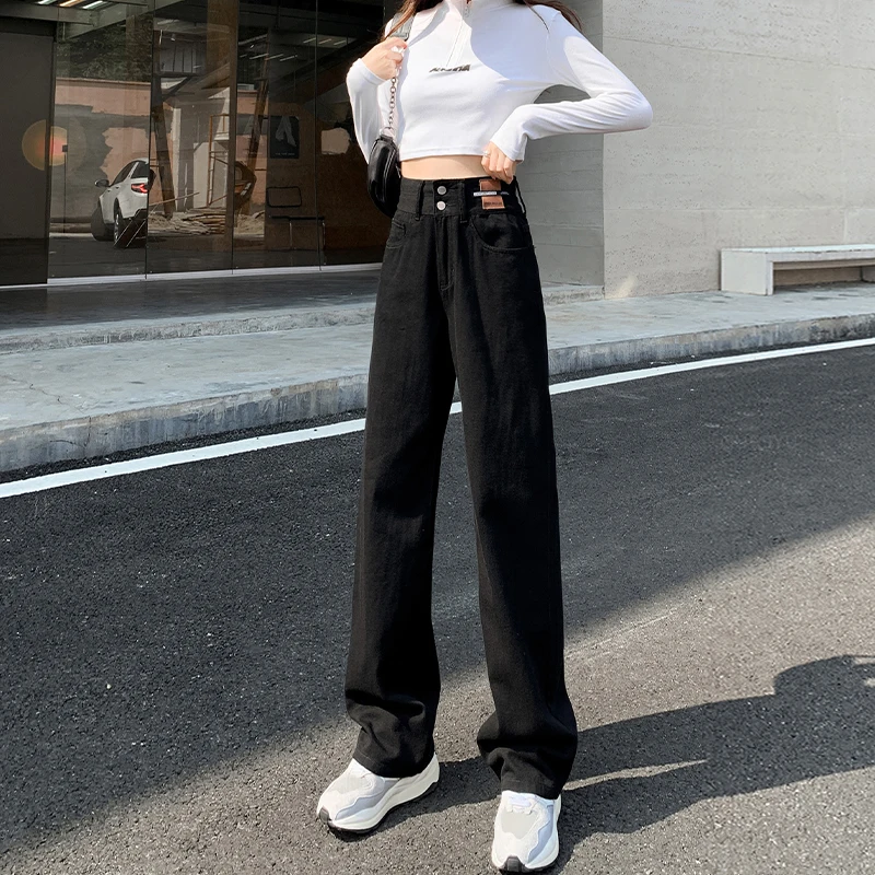 ﻿High Quality Cotton Woman Jeans High Waist Wide Leg Blue White Streetwear Vintage Straight Pants American Y2K Extended Trouser