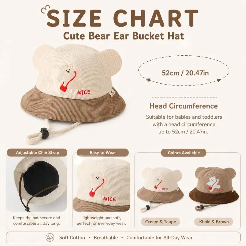 Kids Bear Ear Bucket Hat Soft Cotton Color Block Adjustable Chin Strap Autumn Sun Hat Unisex Baby Toddler Outdoor Fisherman Caps view 6