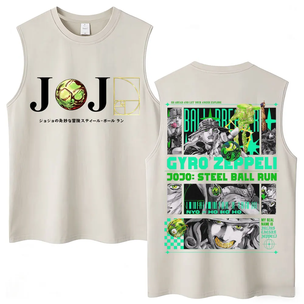 Anime JoJo Bizarre Adventure STEEL BALL RUN Gyro Zeppeli Washed Tank Tops Men's O-Neck Vests Oversized Cotton Sleeveless T-shirt