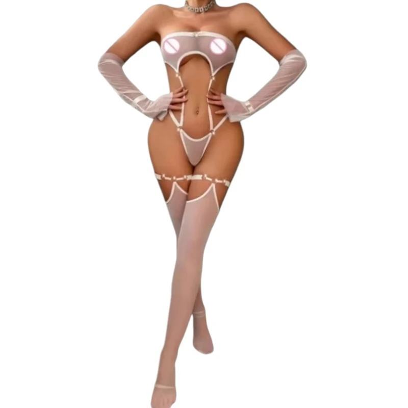 

White Sexy Lingerie Set Thin Transparent Strapless Half Cup Bodysuit Seductive Open Crotch 5PC Underwear See Through Dancer Kit