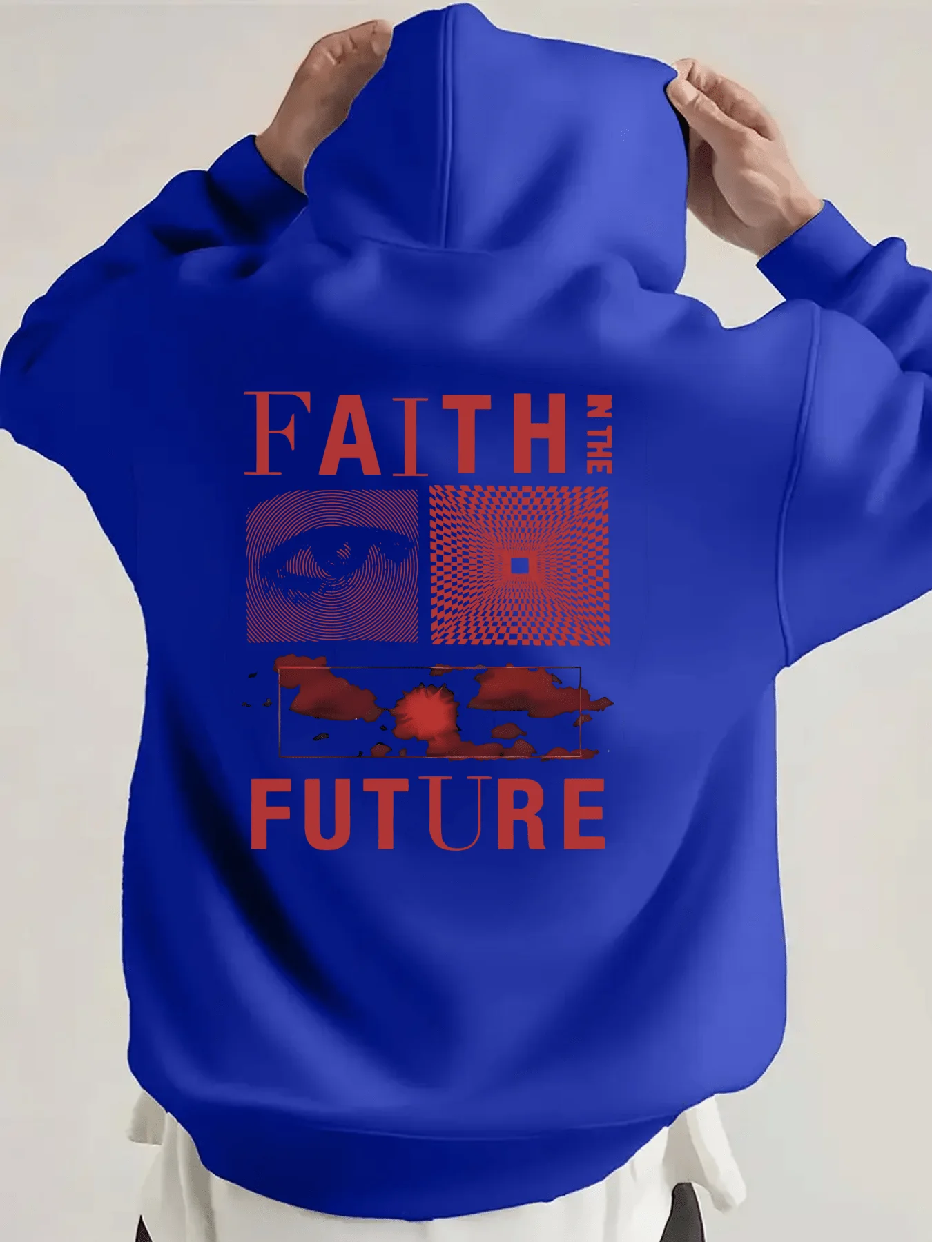Retrovisual art men's fall/winter fleece pullover with hood,abstract eye and cloud print,trendy streetwear casual hip-hop hoodie