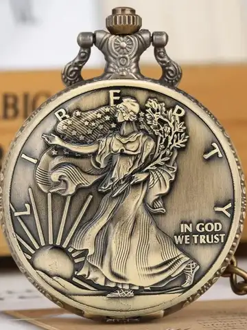 Antique Bronze Statue of Liberty Coin Pattern Collectible Quartz Pocket WatchWith Necklace Pandent  Exquisite Gift for Male Wome